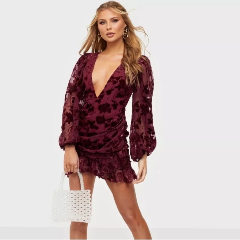 NEW ANTRHO FOR LOVE & LEMONS PENELOPE SEXY BURNOUT VELVET RED WINE DRESS S